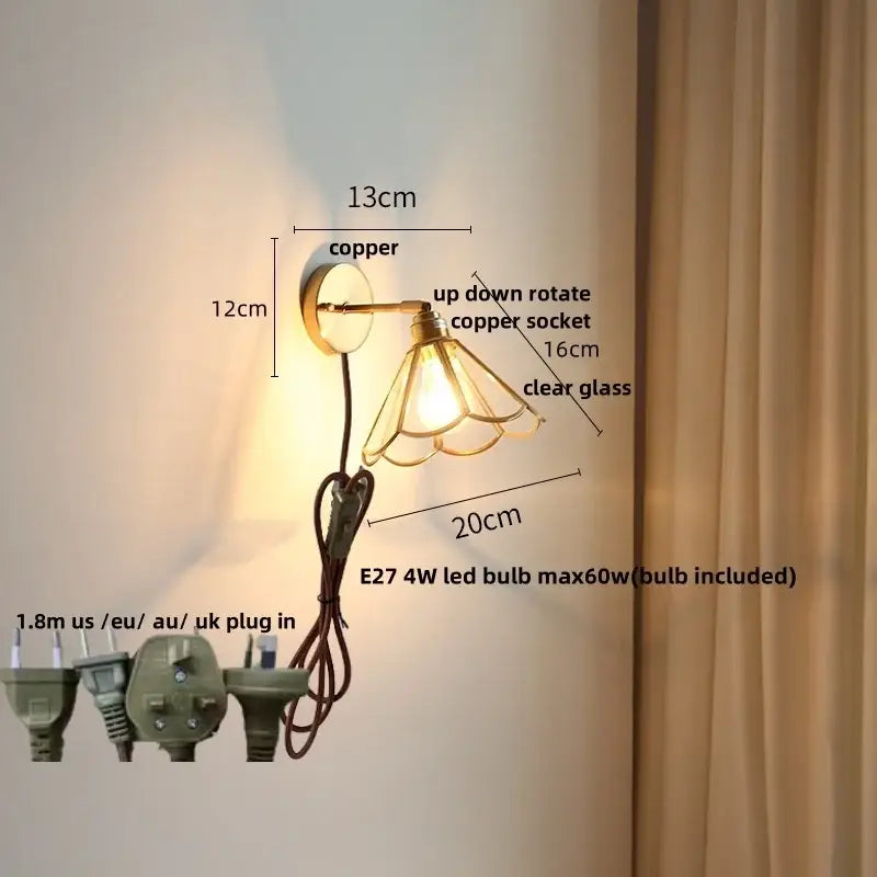 Modern gold fluted glass led wall lights bedroom sconce with chain