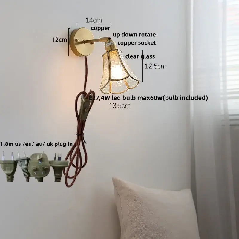 Modern gold fluted glass led wall lights bedroom sconce with chain