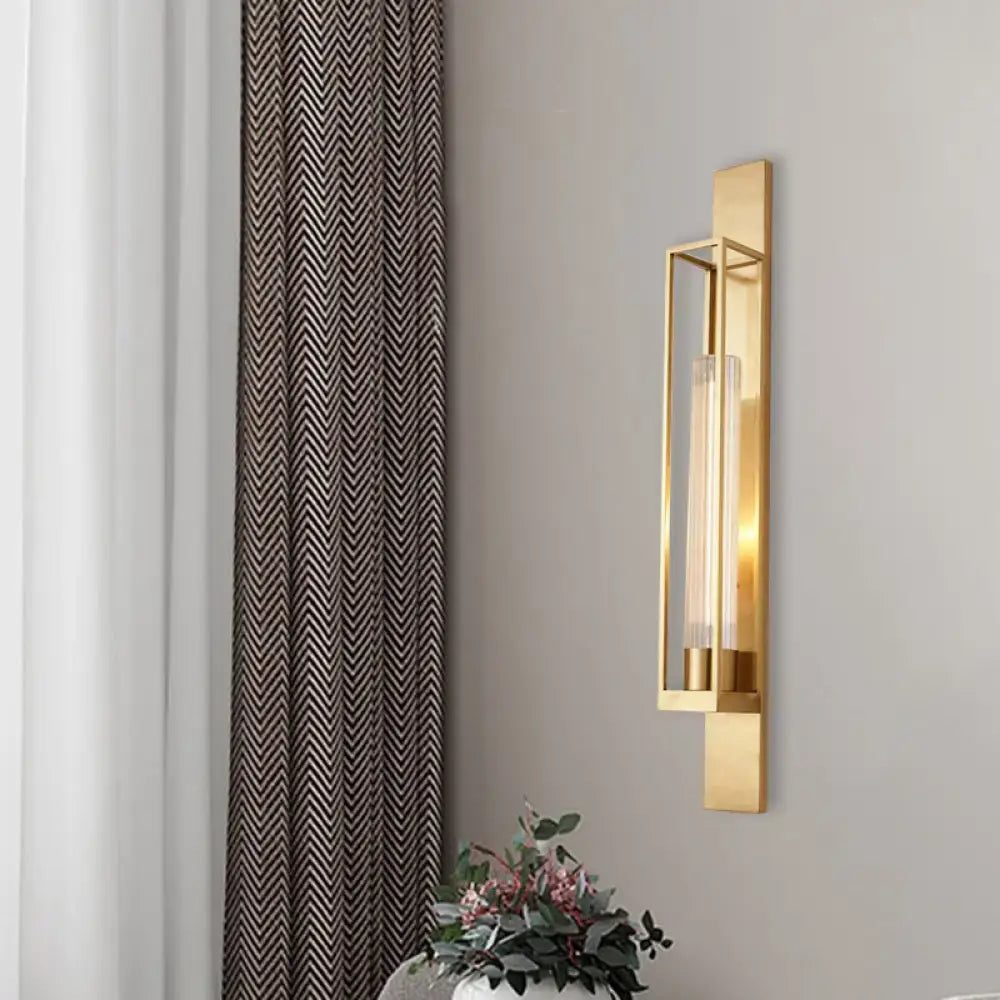 Modern gold geometric wall mount lamp with ribbed glass shade bedroom