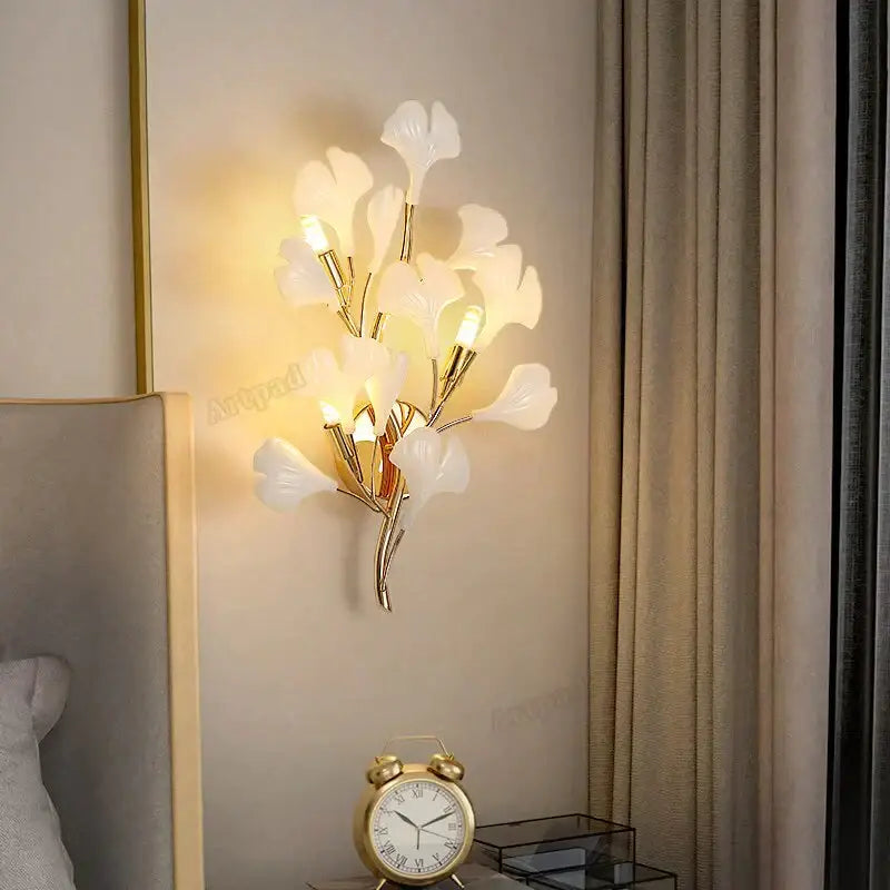 Modern gold ginkgo leaf porcelain wall sconce bedroom light