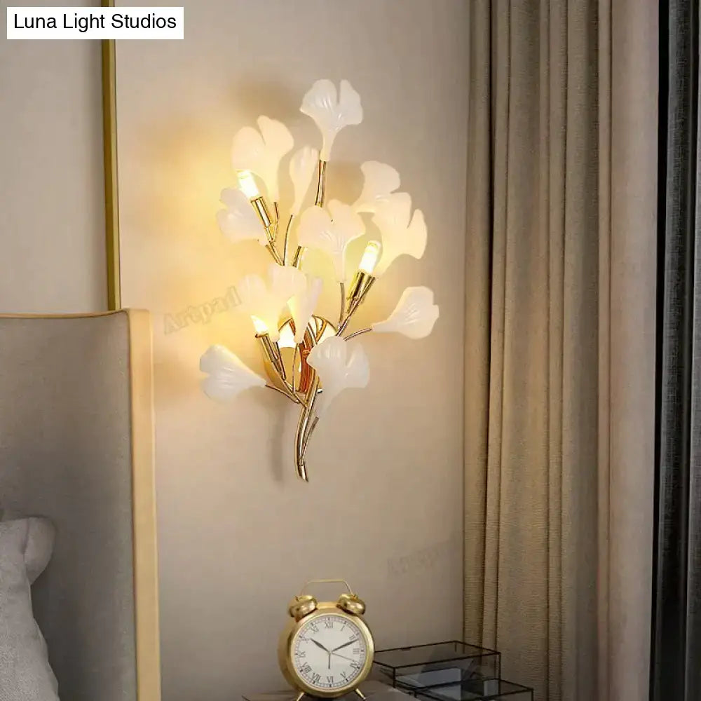 Modern gold ginkgo leaf porcelain wall sconce bedroom light