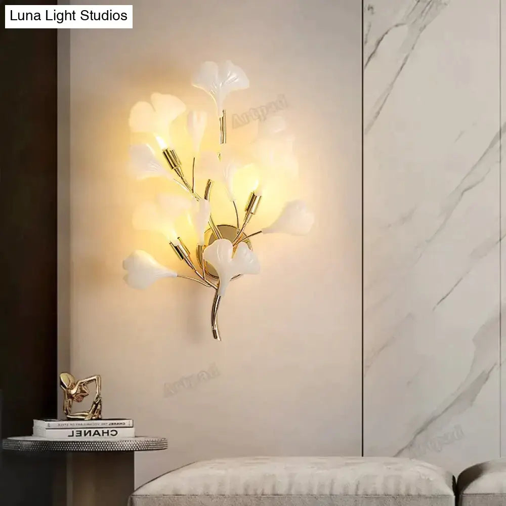 Modern gold ginkgo leaf porcelain wall sconce bedroom light