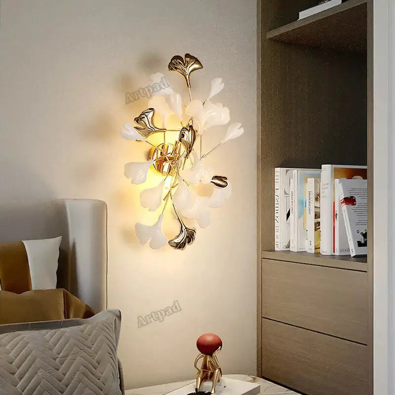 Modern gold ginkgo leaf porcelain wall sconce bedroom light