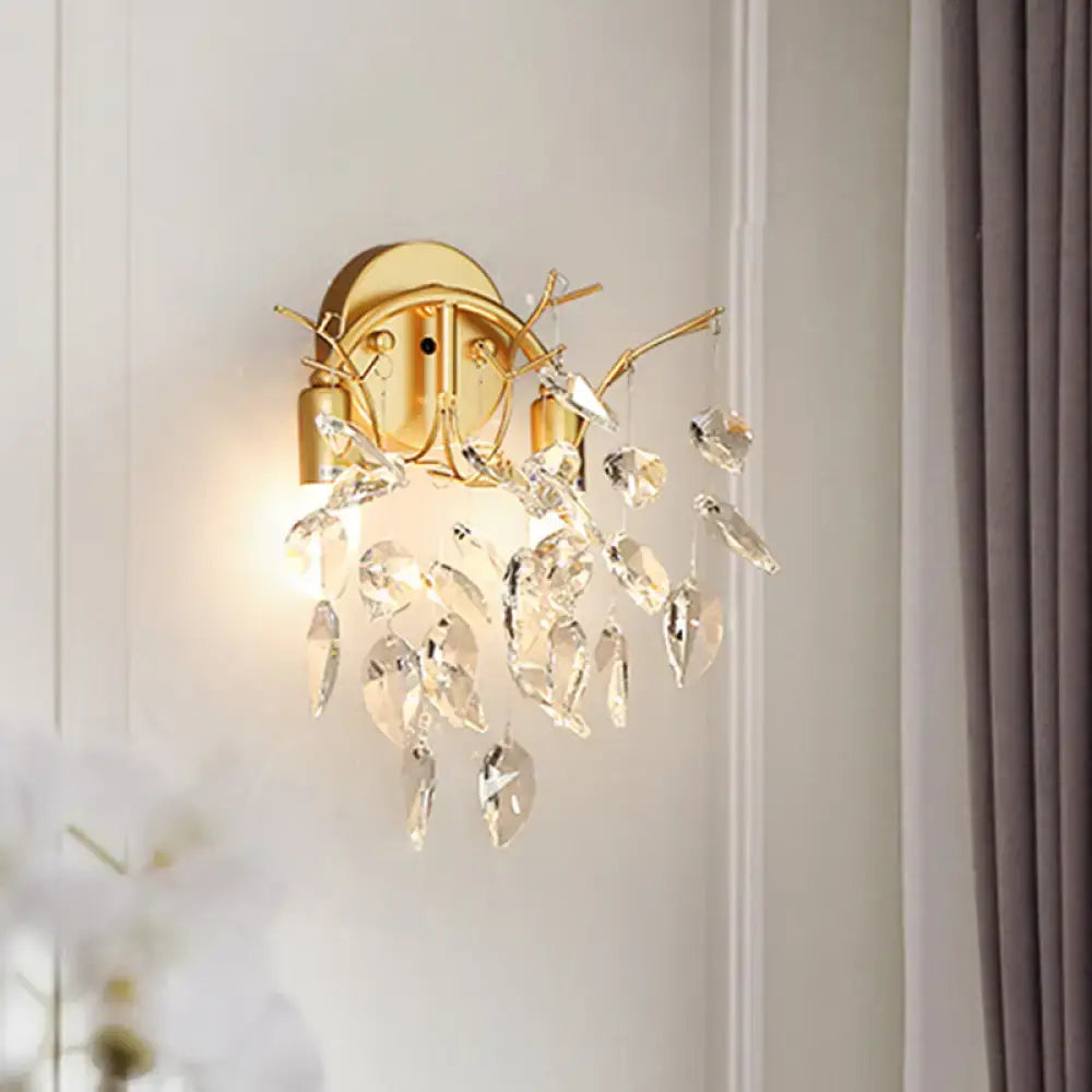 Modern gold leaf wall lamp with beveled crystal for living room