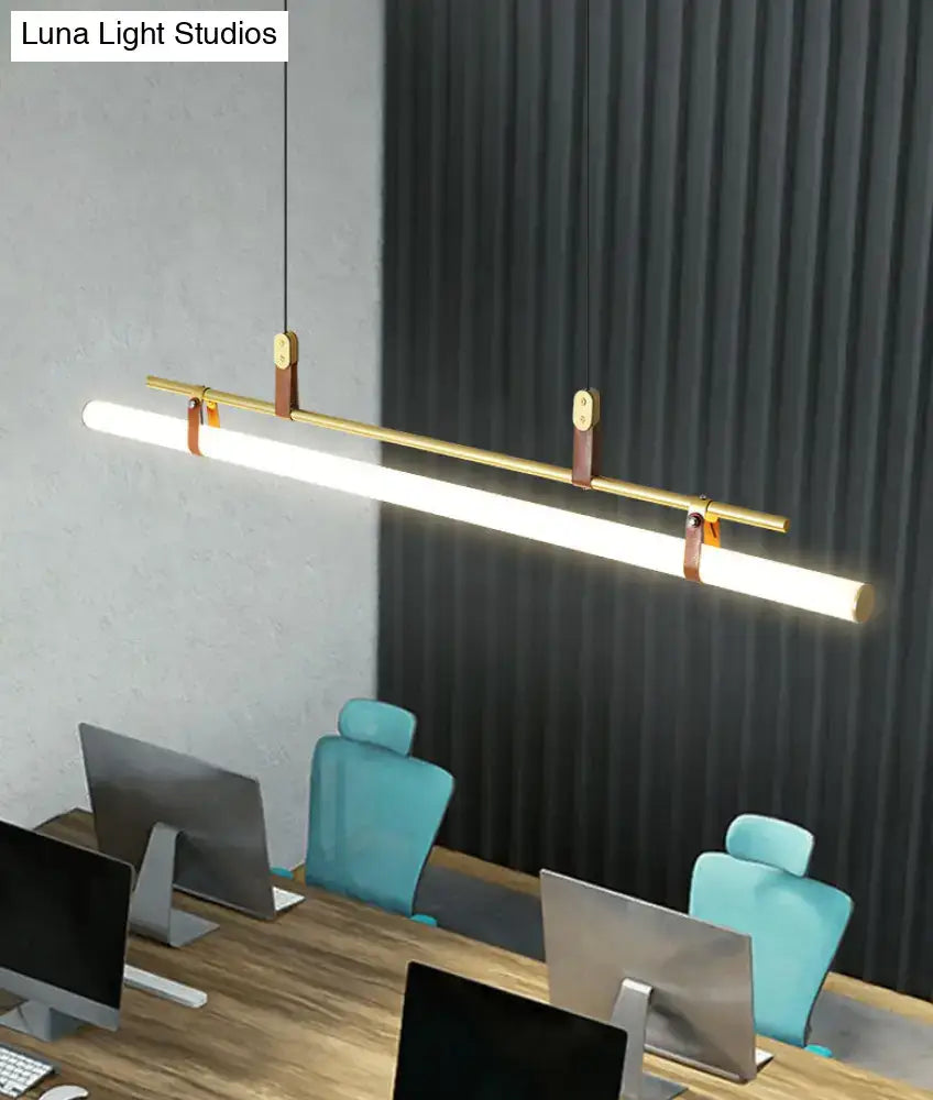 Modern gold led pendant light with leather for dining room