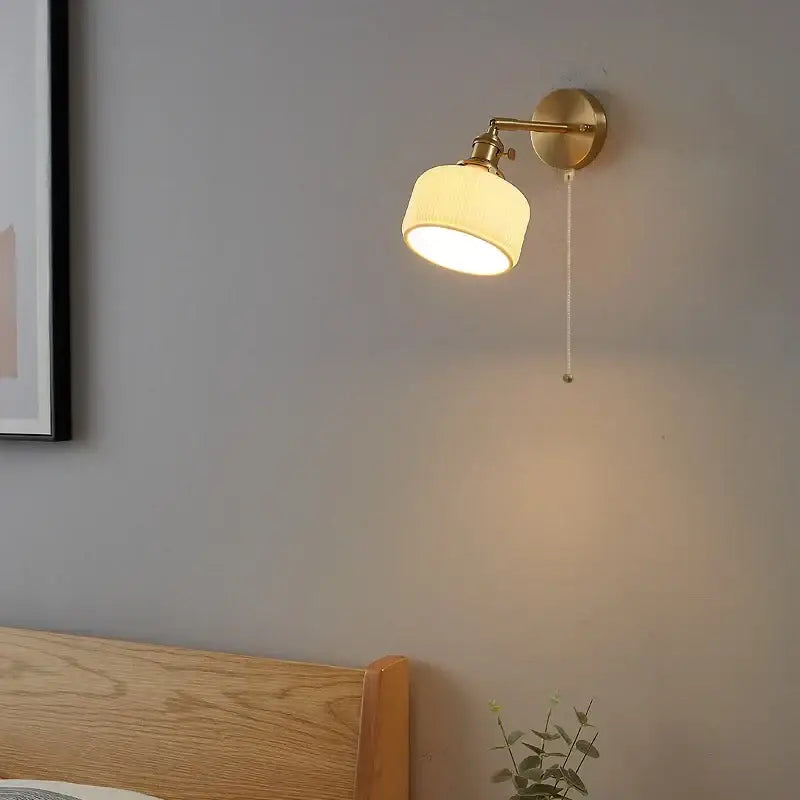 Modern gold led wall lights bedroom ribbed fabric reading lamp