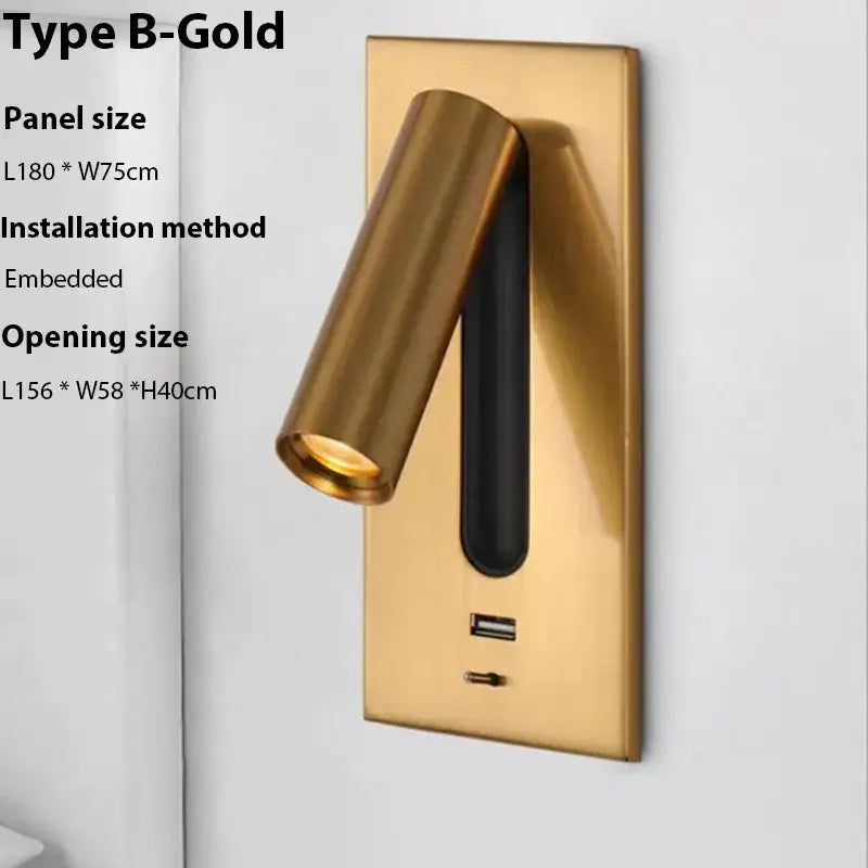 Modern gold led wall sconce with usb charging – bedroom reading light