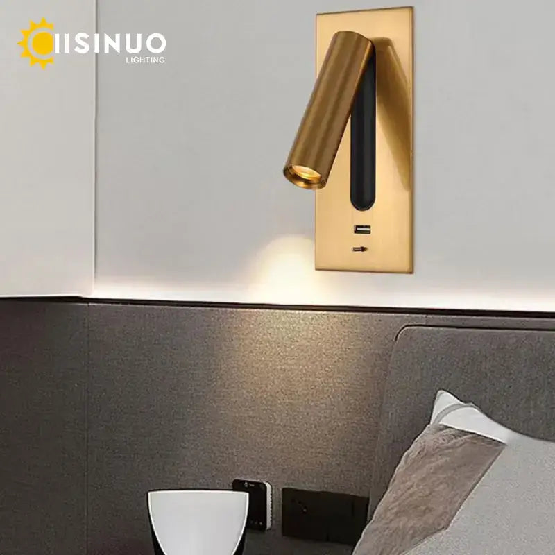 Modern gold led wall sconce with usb charging – bedroom reading light