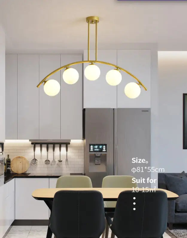 Modern gold metal arched ceiling light for dining room with 6 bulbs