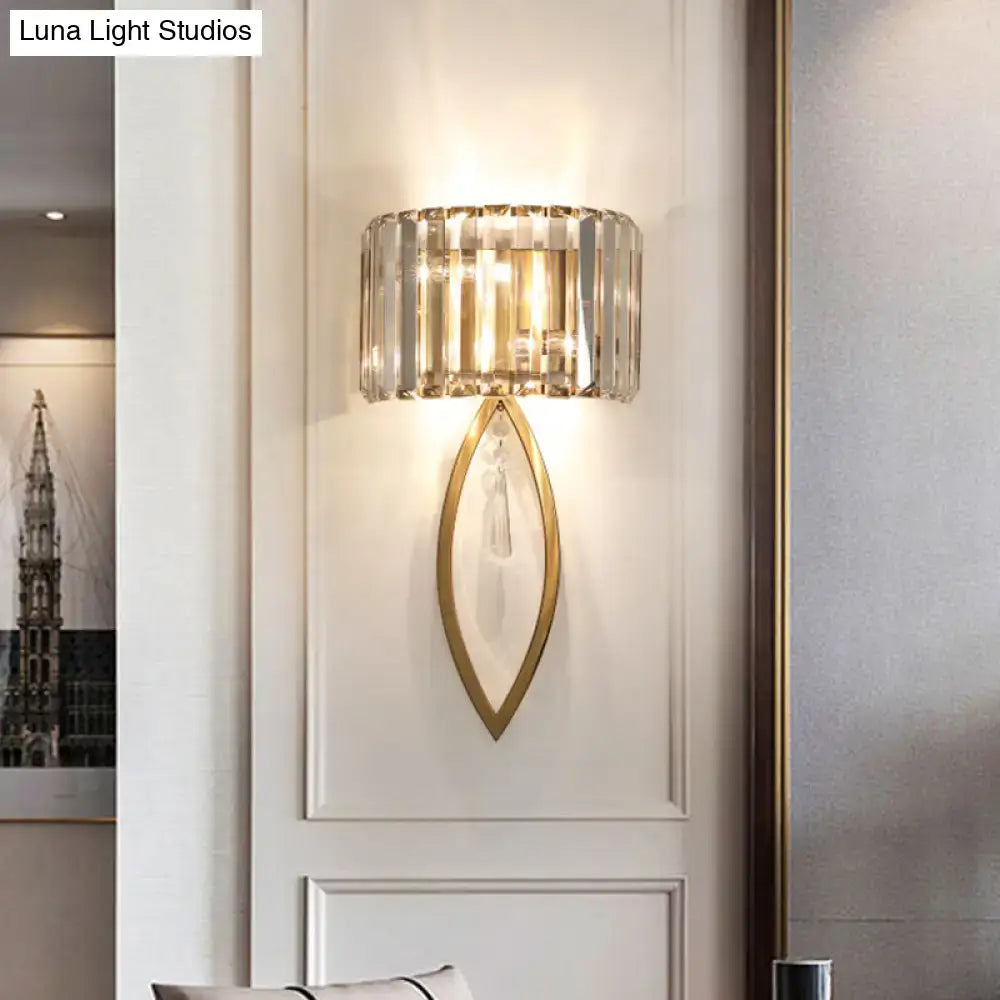 Modern gold metallic drum shade wall light – living room crystal sconce