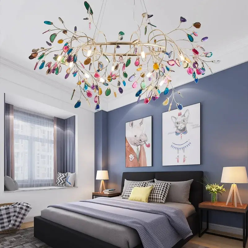 Modern gold pendant chandelier with colorful agate for dining room