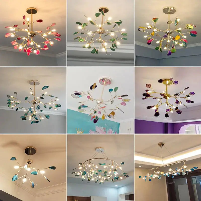 Modern gold pendant chandelier with colorful agate for dining room