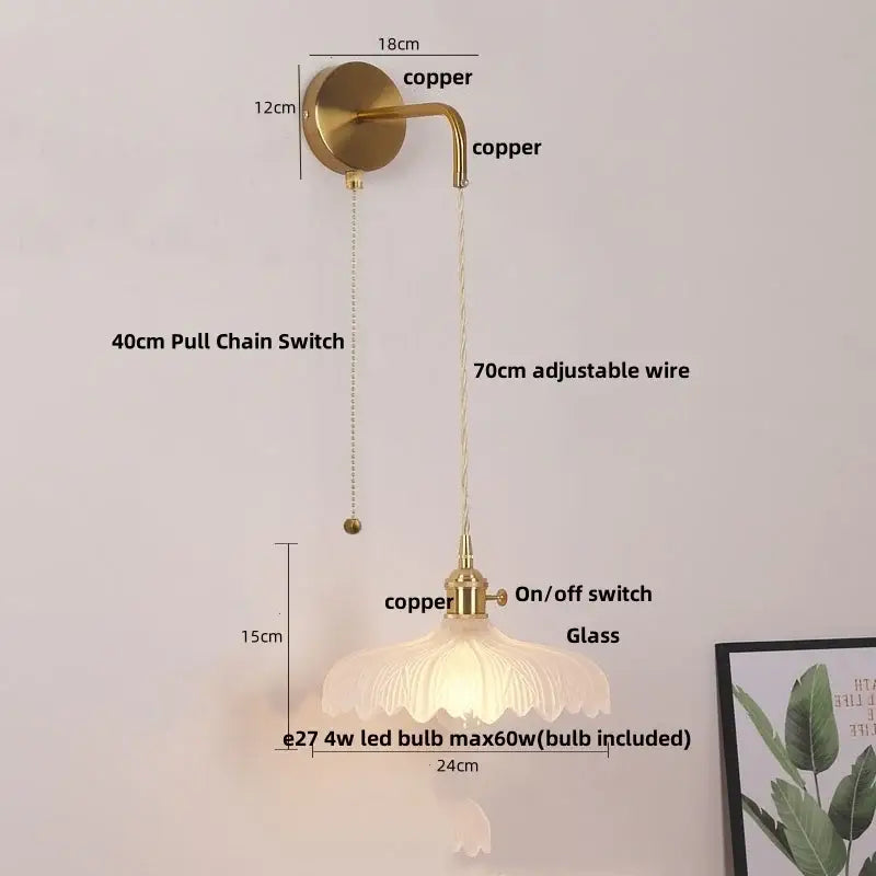 Modern gold petal led wall lights with pull chain bedroom sconce