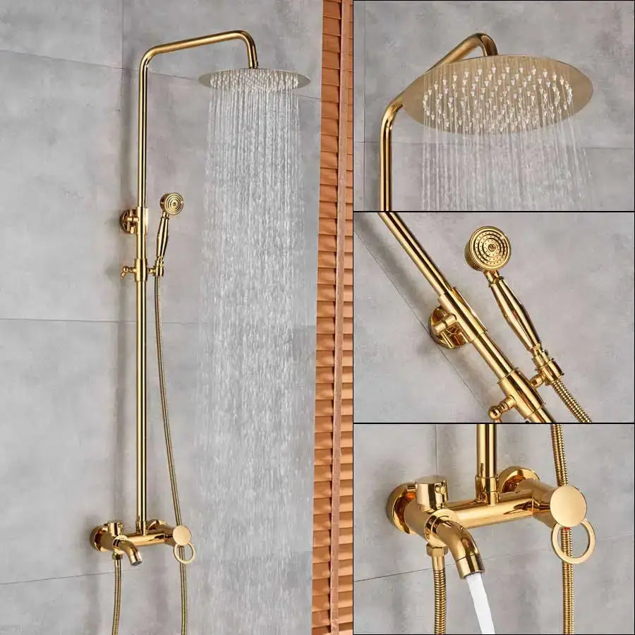 Modern gold shower mixer taps with rainfall head and handheld – bathroom