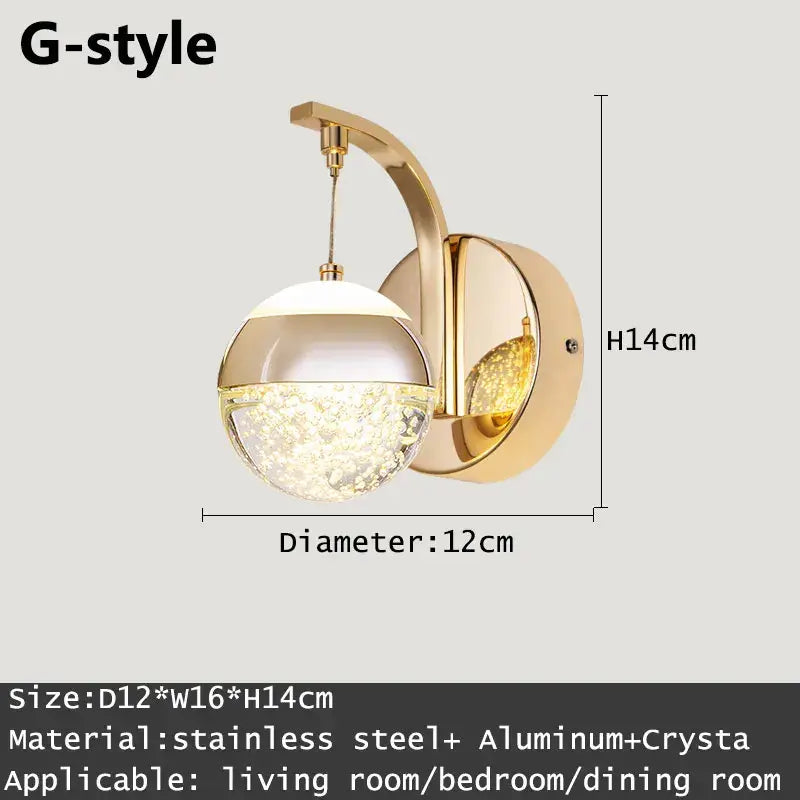 Modern gold & silver crystal led wall sconce bedroom light