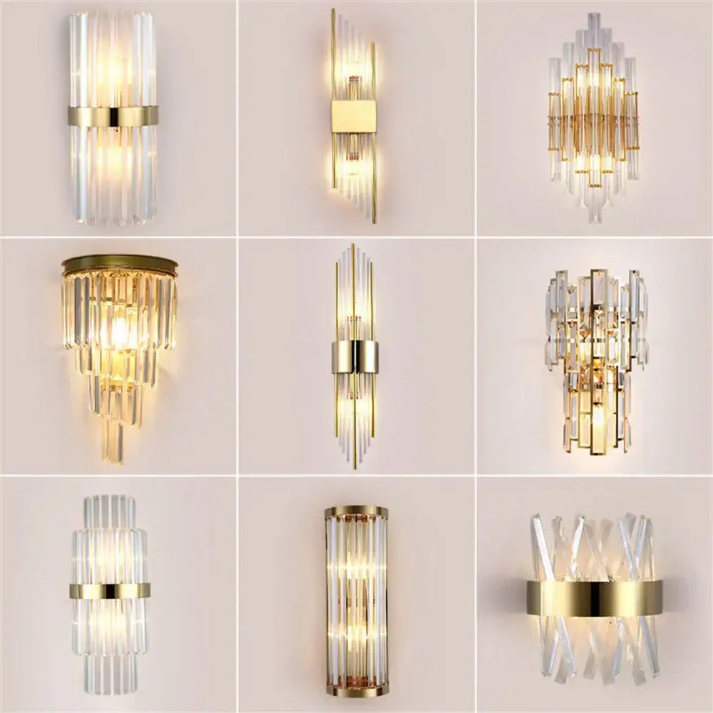 Modern gold stainless steel and clear crystal wall lamp bedroom sconce