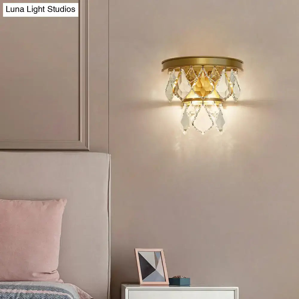 Modern gold tiered sconce light with crystals bedroom wall mount