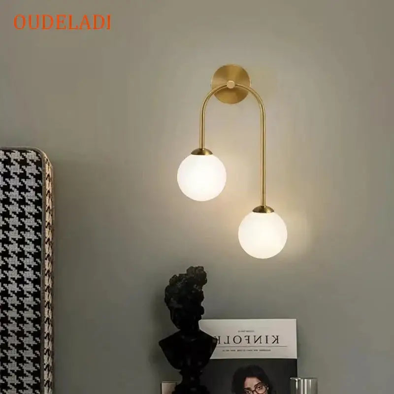Modern gold two light glass ball led wall lamp living room sconce