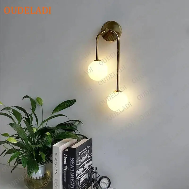 Modern gold two light glass ball led wall lamp living room sconce
