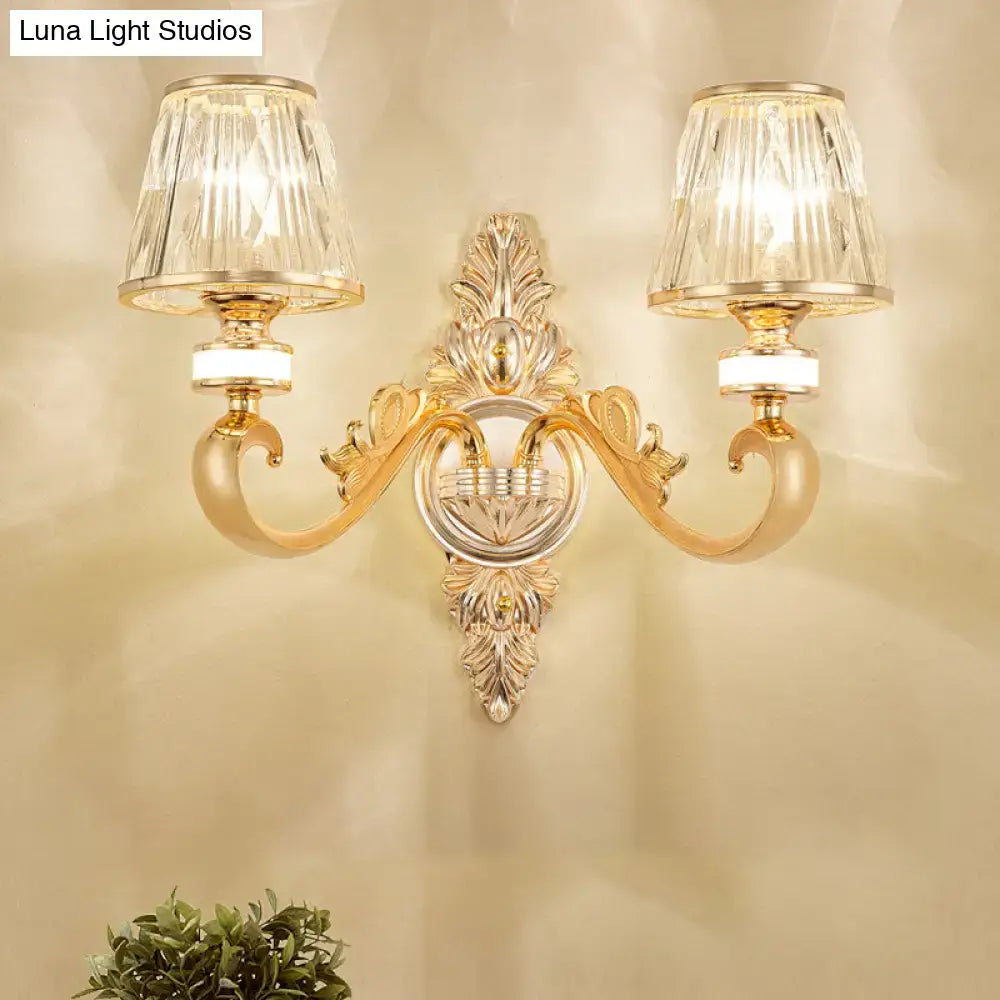 Modern gold wall lamp fixture with crystal cone shade bedroom sconce