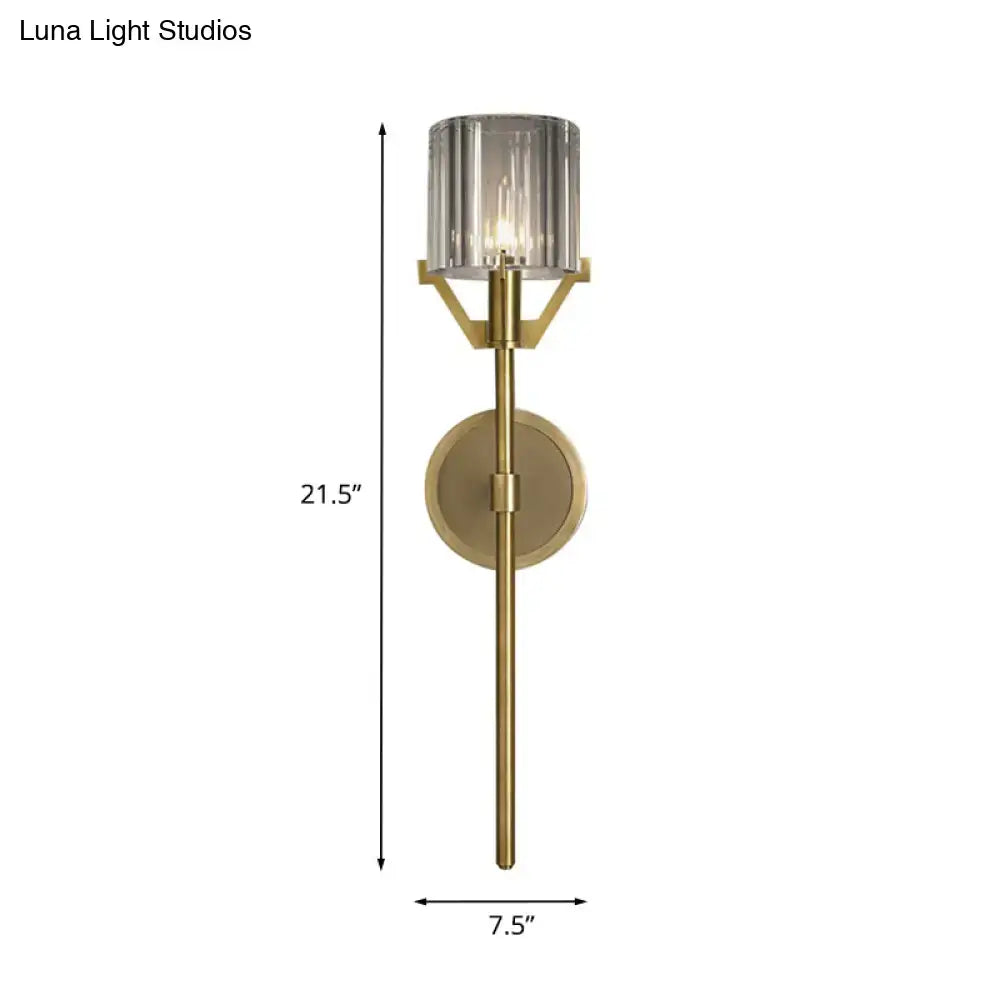 Modern gold wall light with clear crystal block cylinder bedroom