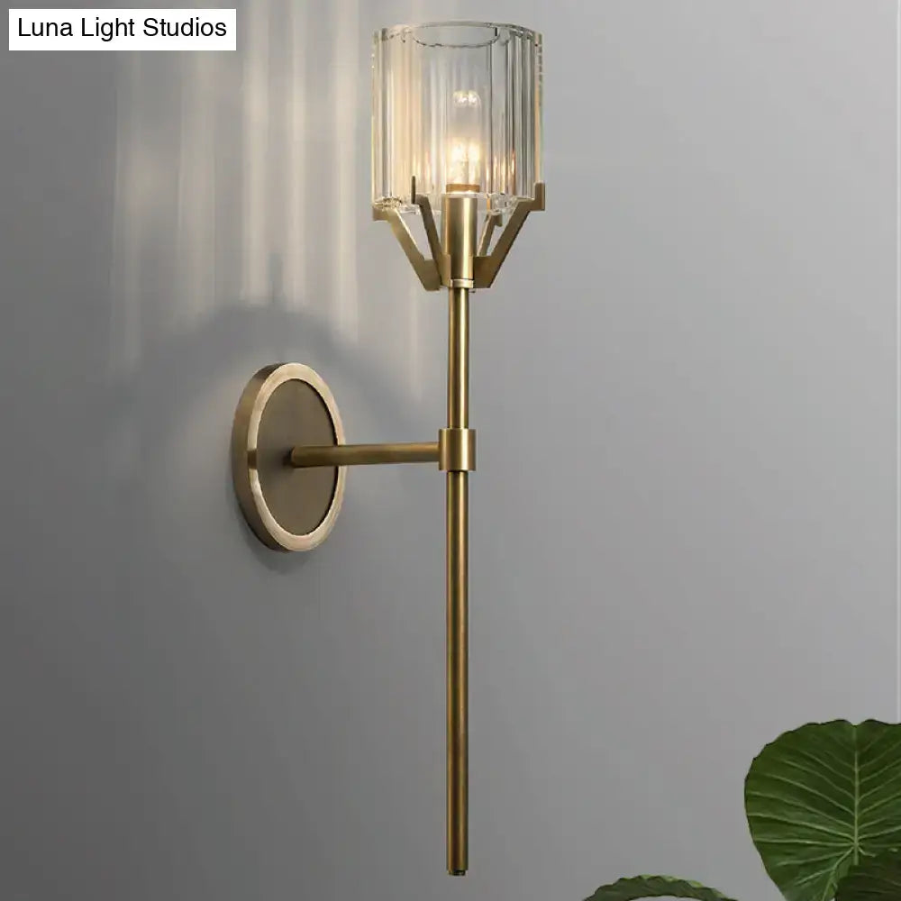 Modern gold wall light with clear crystal block cylinder bedroom