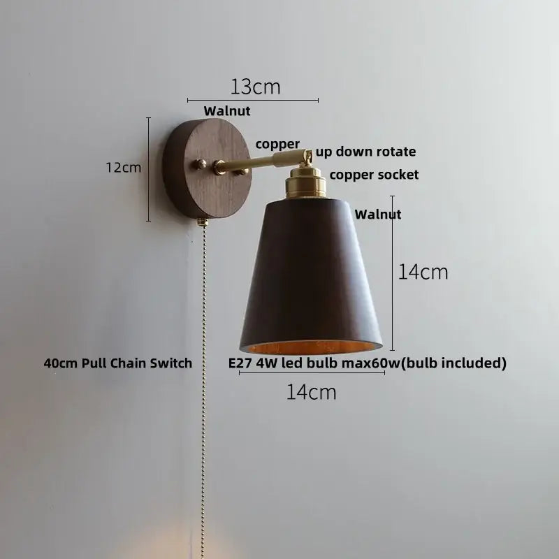 Modern gold walnut wall sconce with pull chain switch bedroom light