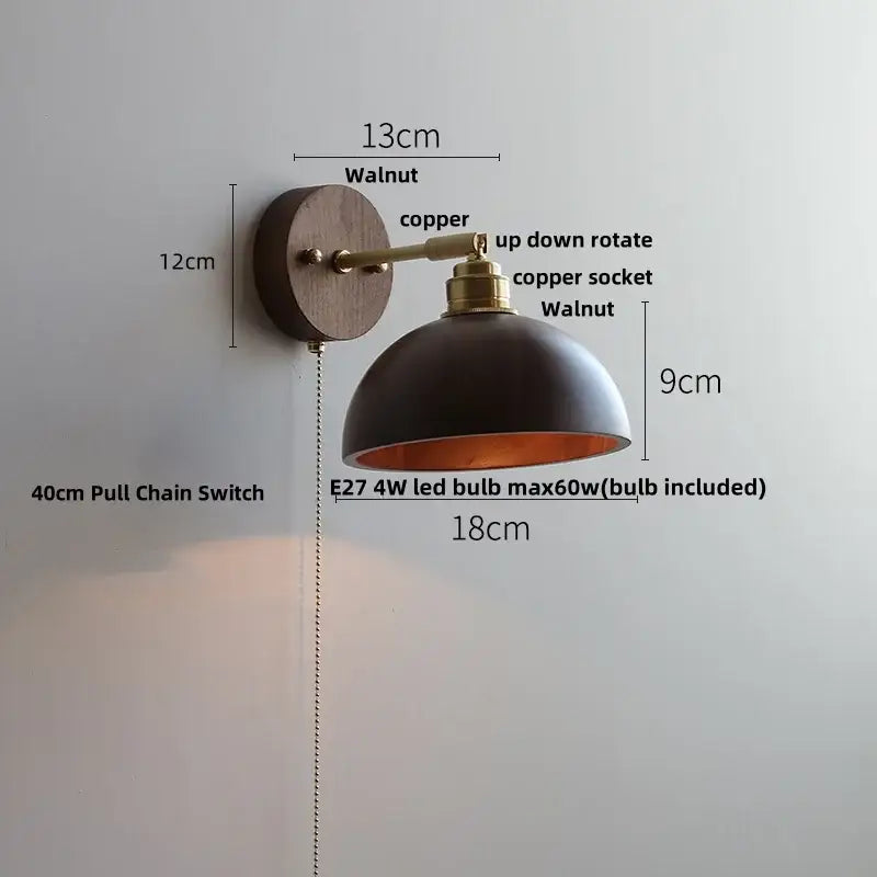 Modern gold walnut wall sconce with pull chain switch bedroom light