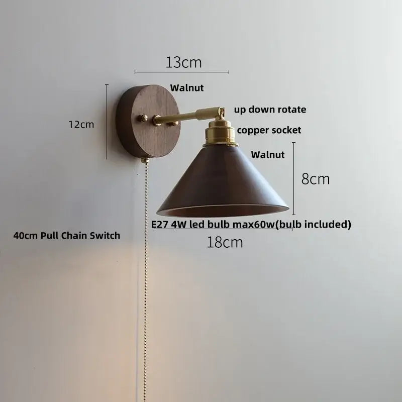 Modern gold walnut wall sconce with pull chain switch bedroom light