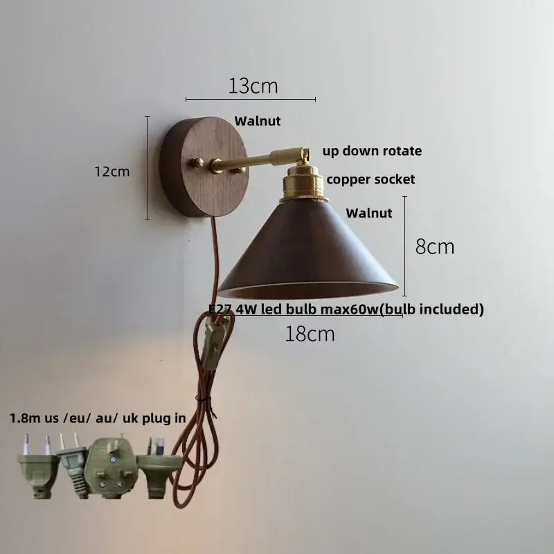 Modern gold walnut wall sconce with pull chain switch bedroom light