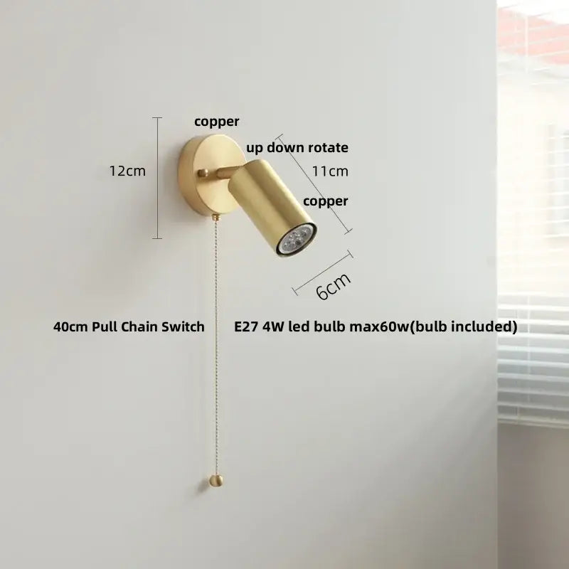 Modern gold walnut wall sconce with pull chain switch bedroom light