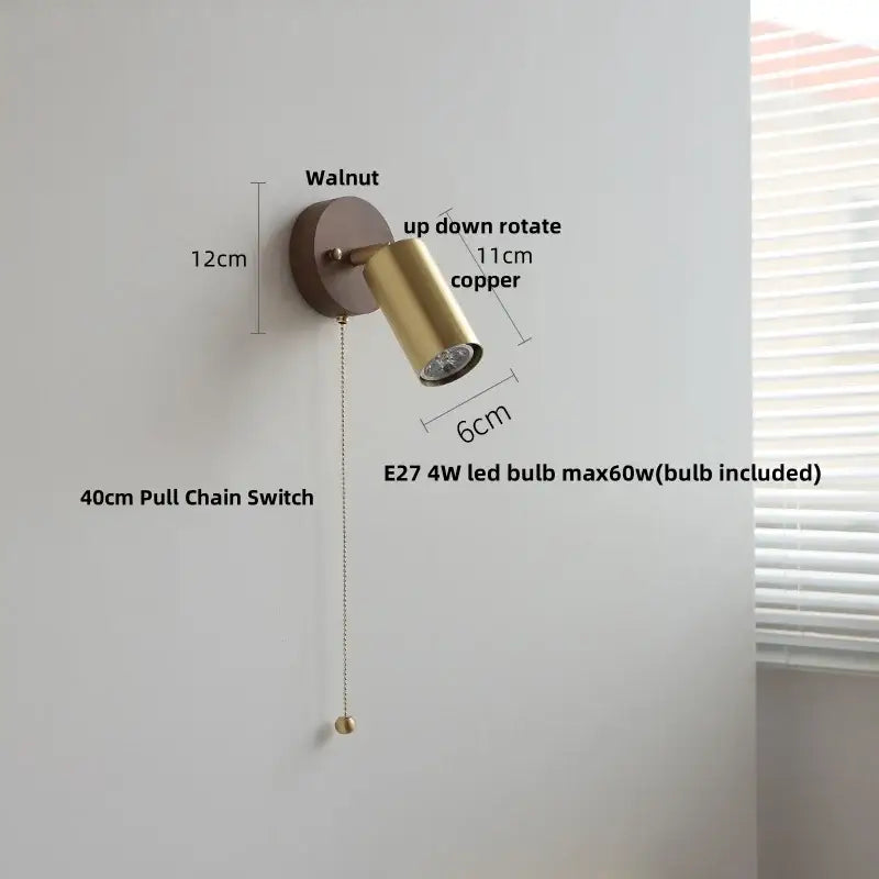Modern gold walnut wall sconce with pull chain switch bedroom light
