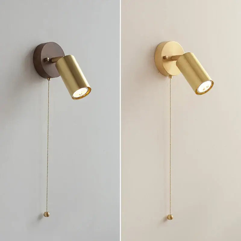 Modern gold walnut wall sconce with pull chain switch bedroom light