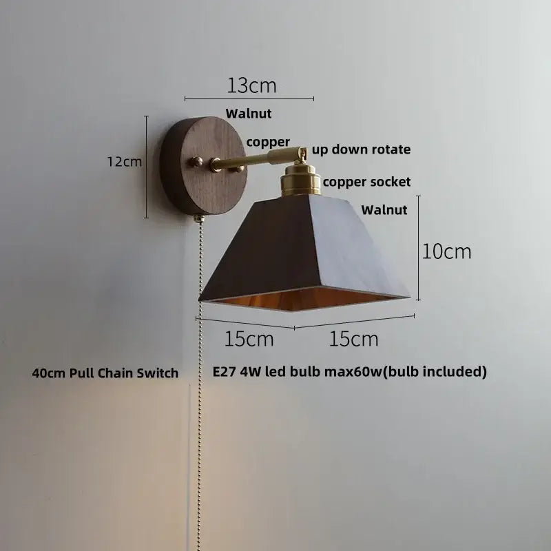Modern gold walnut wall sconce with pull chain switch bedroom light