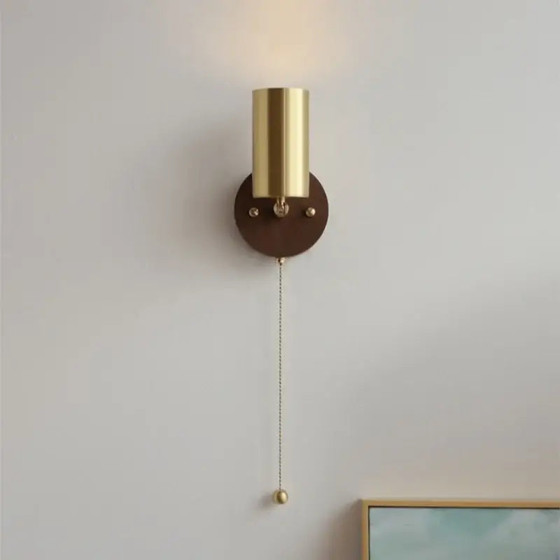 Modern gold walnut wall sconce with pull chain switch bedroom light