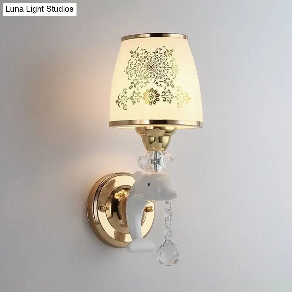 Modern gold & white dolphin wall sconce bedroom opal glass shade