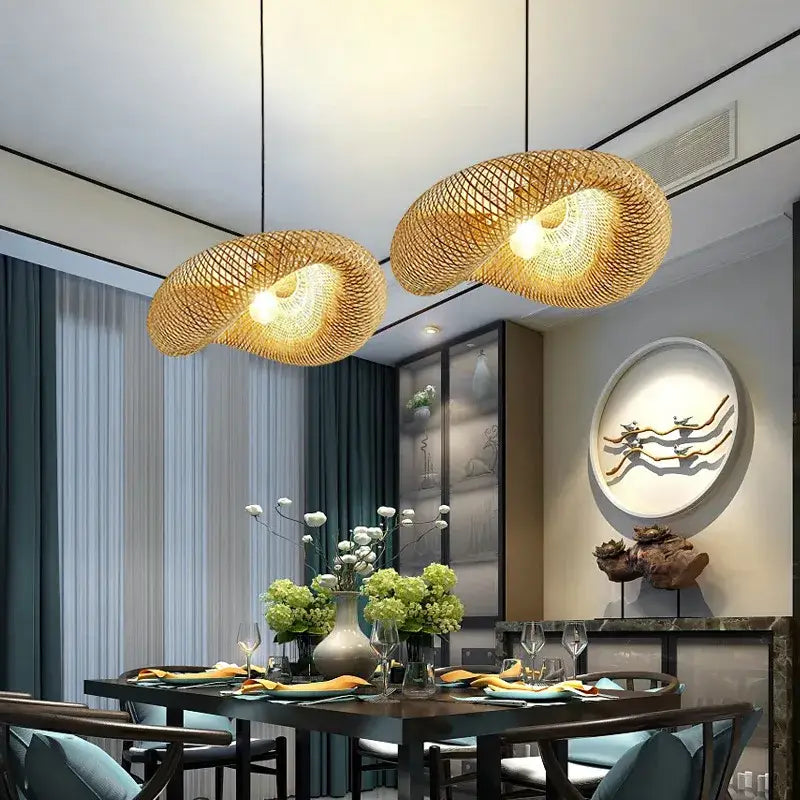 Modern golden bamboo woven chandelier tea room pendant light
