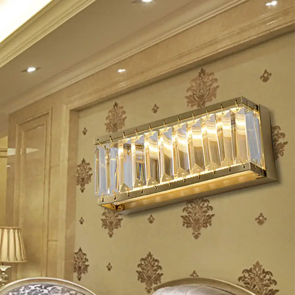 Modern golden rectangle led wall sconce with clear faceted crystal