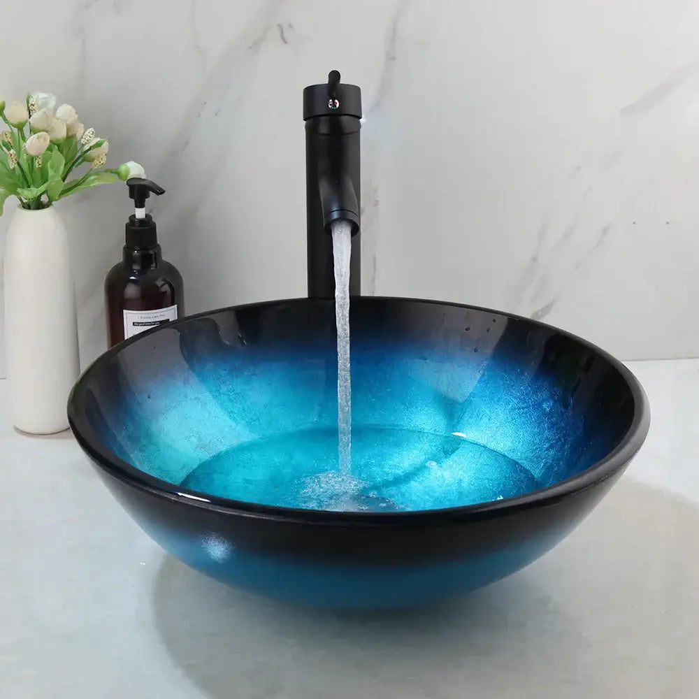 Modern gradient blue glass sink set bathroom vessel sink