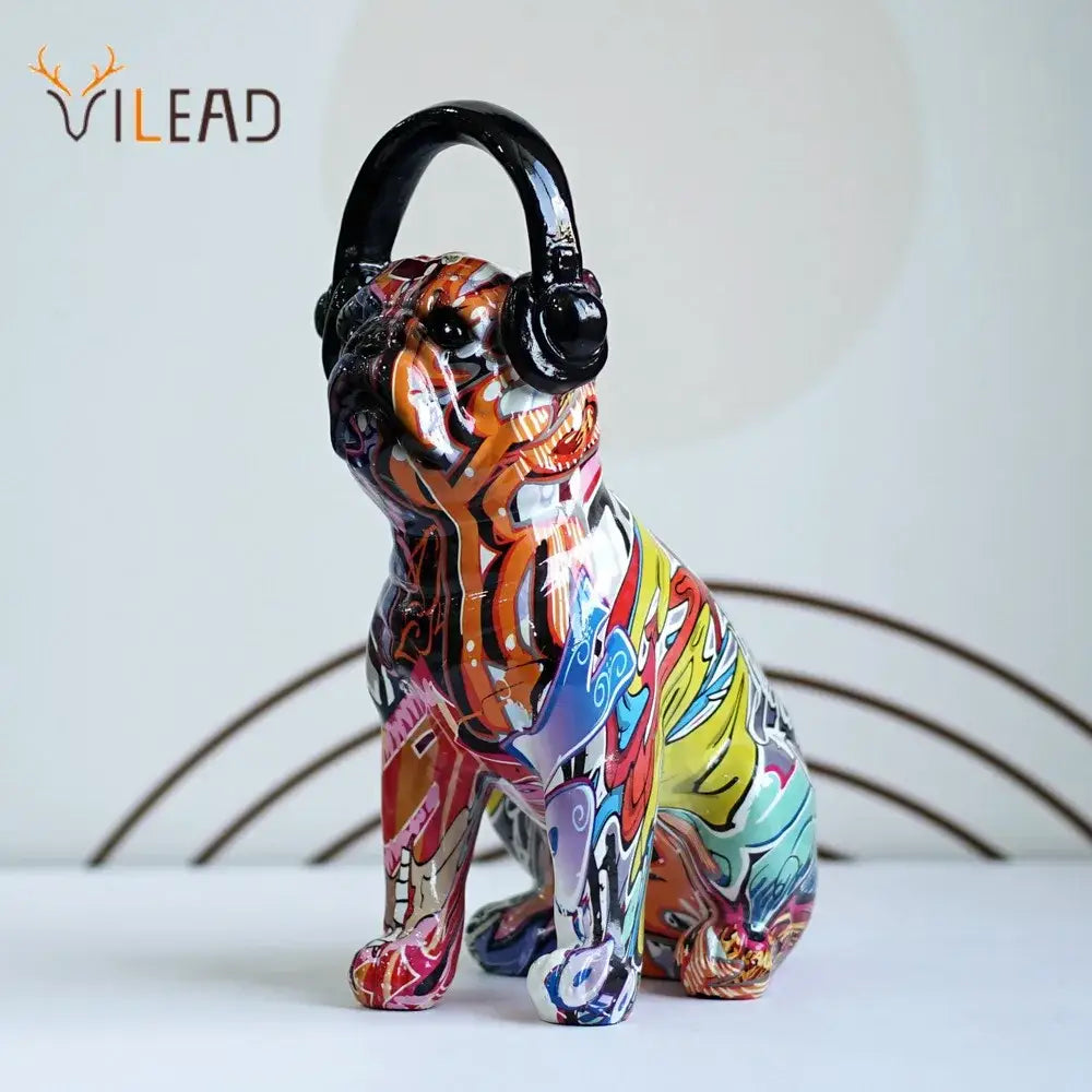 Modern graffiti bulldog sculptures with headphones living room decor
