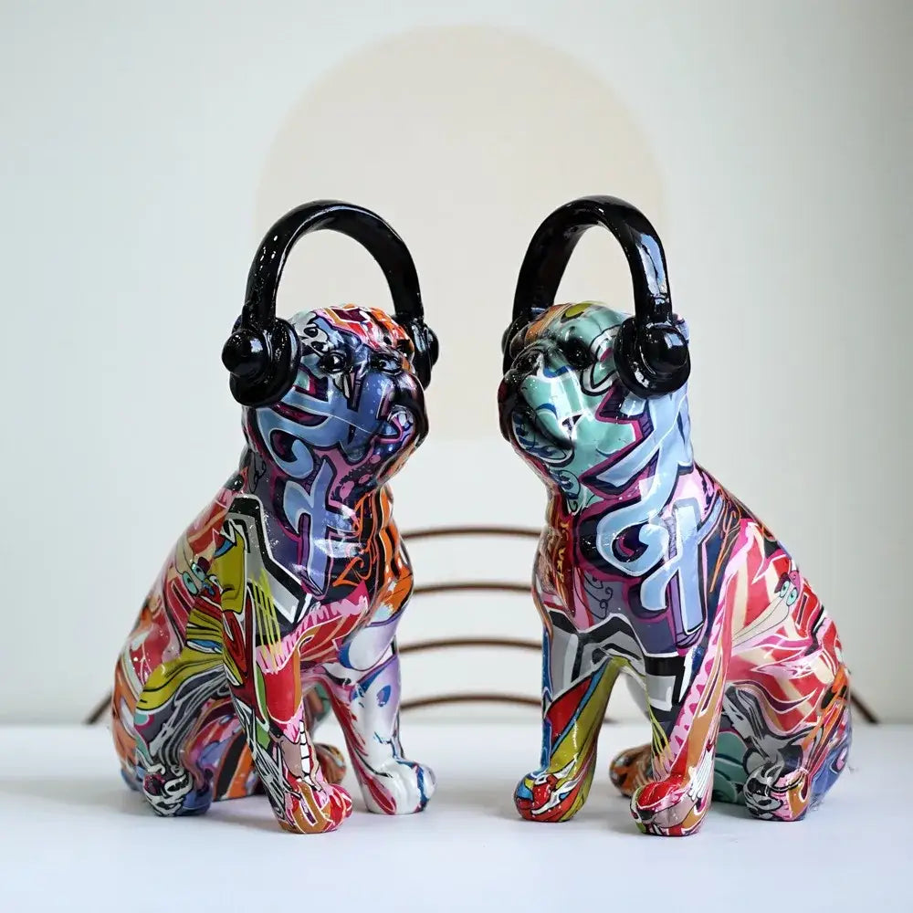 Modern graffiti bulldog sculptures with headphones living room decor