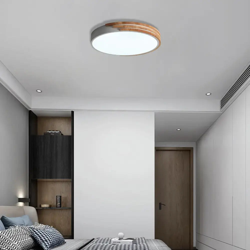 Modern green and wood round flush mount ceiling light bedroom
