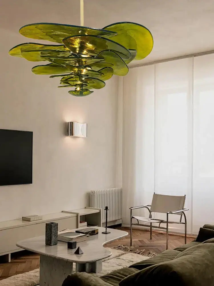 Modern green leaf glass chandelier – dining room layered petal light