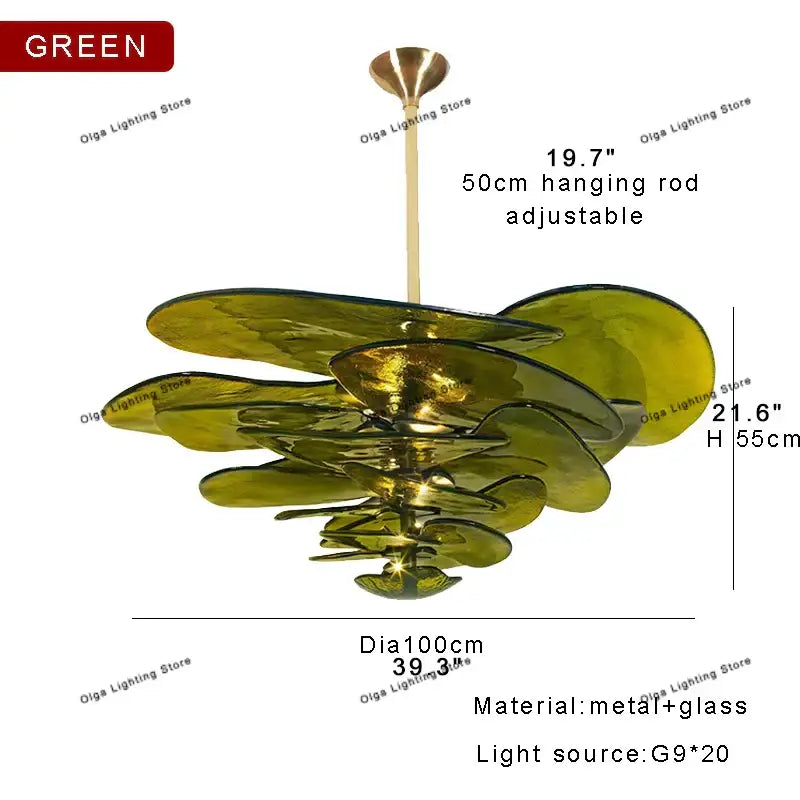 Modern green leaf glass chandelier – dining room layered petal light