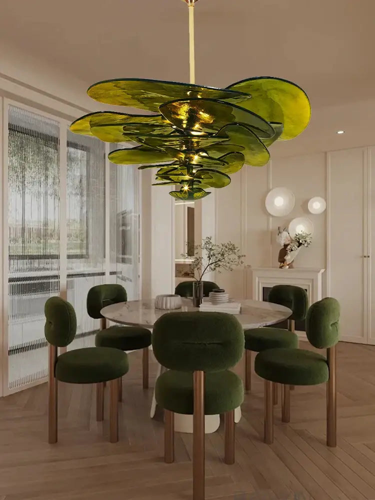 Modern green leaf glass chandelier – dining room layered petal light