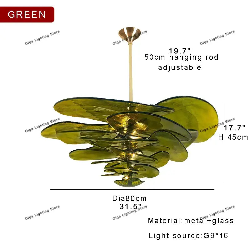 Modern green leaf glass chandelier – dining room layered petal light