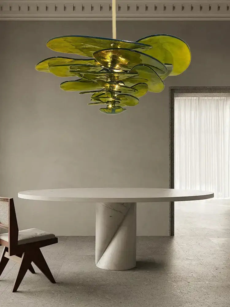 Modern green leaf glass chandelier – dining room layered petal light
