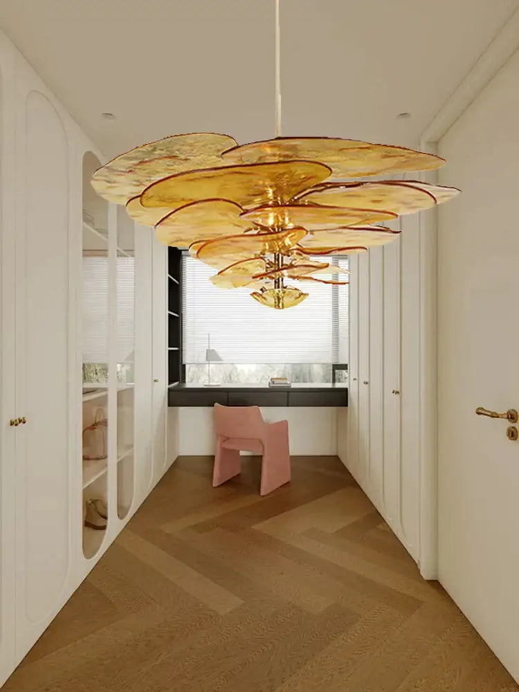 Modern green leaf glass chandelier – dining room layered petal light