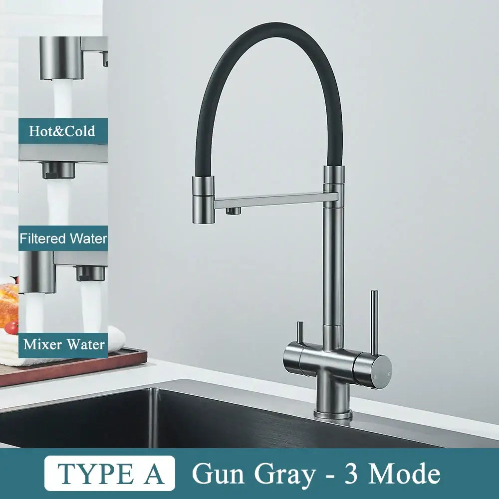 Modern gun gray filtered kitchen faucet with dual handle pull out hose