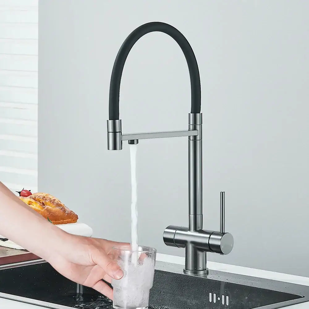 Modern gun gray filtered kitchen faucet with dual handle pull out hose